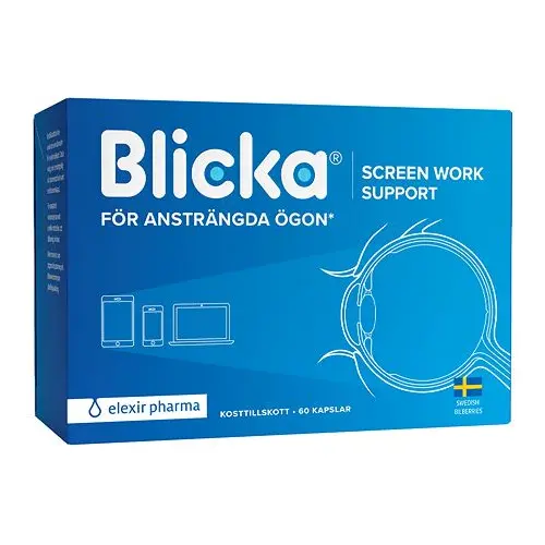 En blå förpackning ögonvitamin tillverkad av märket "Elexir Pharma" som heter "blicka"