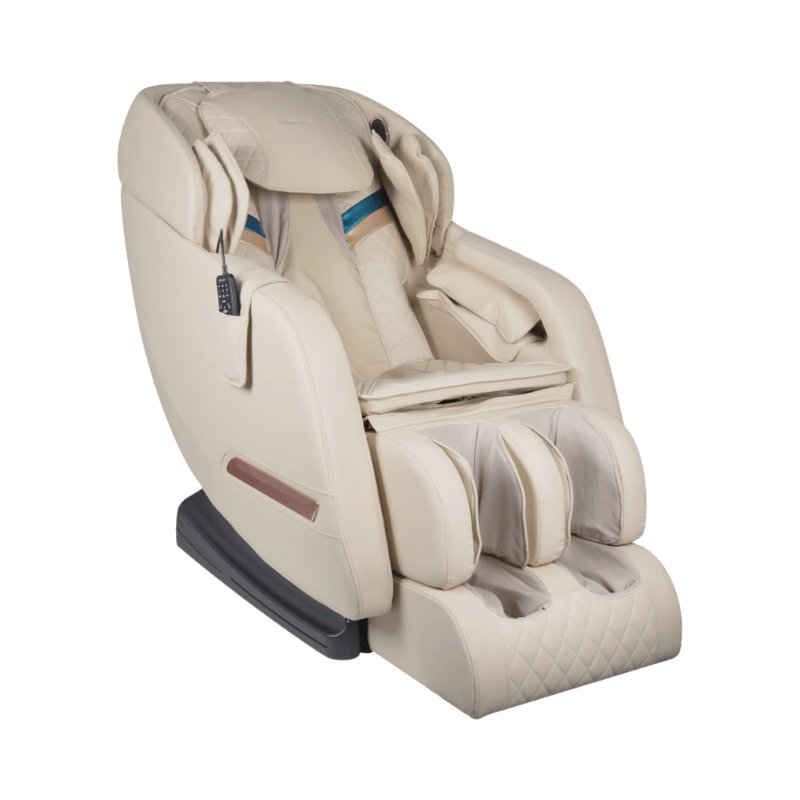 Beige massagefåtölj med quiltad klädsel och integrerad arm- och fotmassage