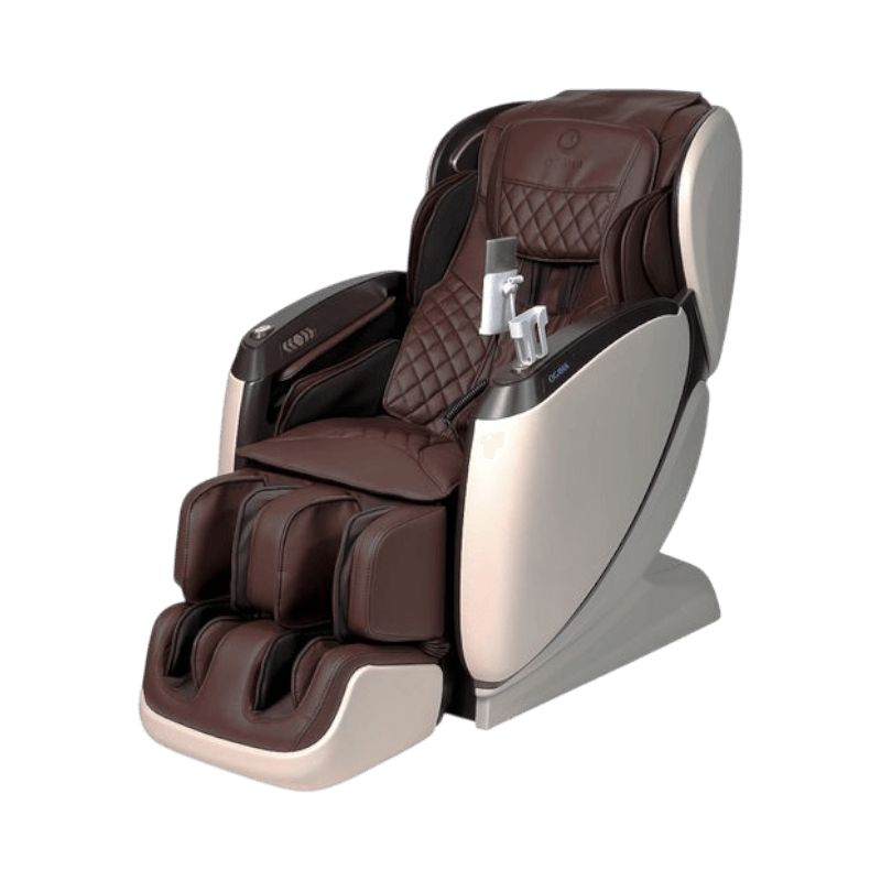 Brun och beige massagefåtölj med Zero Gravity-läge och pekskärmskontroll